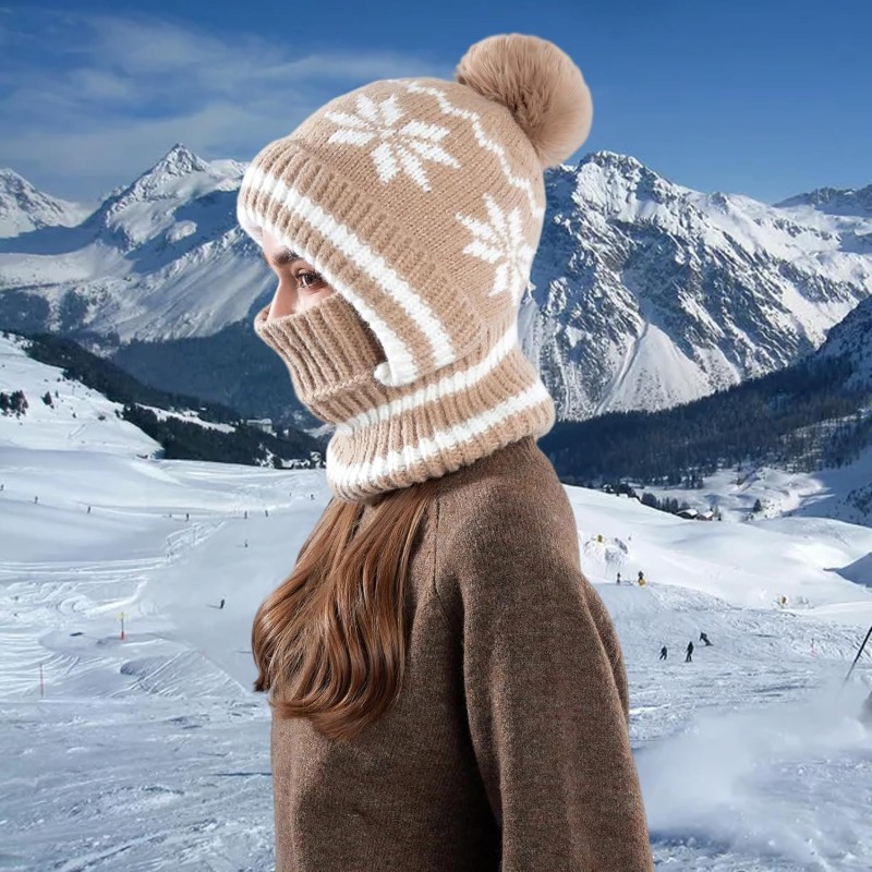 Women's khaki knitted fleece lined balaclava beanie with pompom and neck warmer