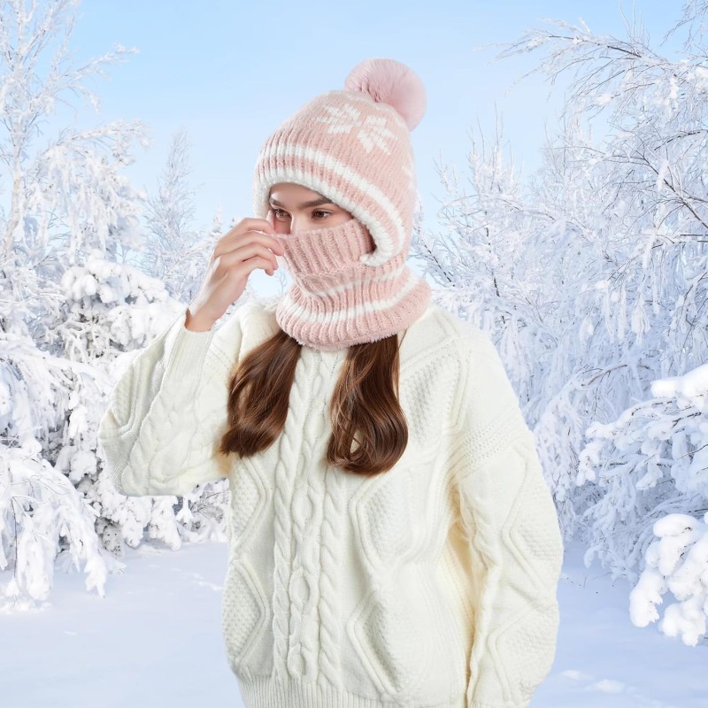 Women's Pink Winter Knitted Balaclava Fleece Lined Women's pink winter knitted balaclava with pompom and fleece lining
