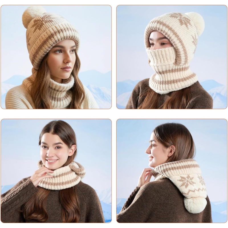 Women's Pink Winter Knitted Balaclava Fleece Lined Women's pink winter knitted balaclava with pompom and fleece lining