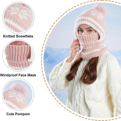 Women's Pink Winter Knitted Balaclava Fleece Lined Women's pink winter knitted balaclava with pompom and fleece lining