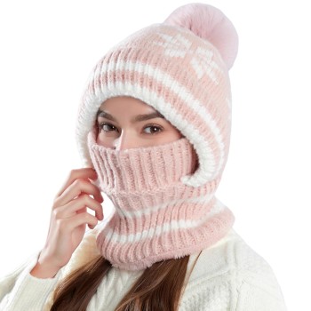 Women’s Pink Winter Knitted Balaclava Fleece Lined Pompom Windproof One Piece Hooded Neck Warmer