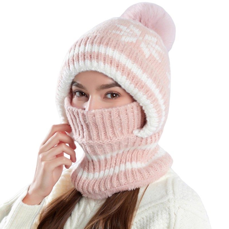 Women's Pink Winter Knitted Balaclava Fleece Lined Women's pink winter knitted balaclava with pompom and fleece lining
