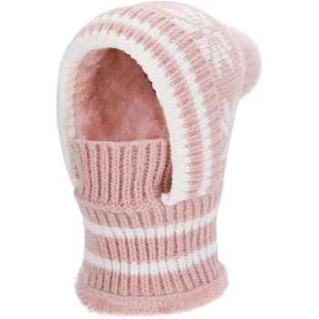 Women’s Pink Winter Knitted Balaclava Fleece Lined Pompom Windproof One Piece Hooded Neck Warmer