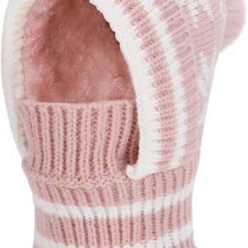 Women’s Pink Winter Knitted Balaclava Fleece Lined Pompom Windproof One Piece Hooded Neck Warmer