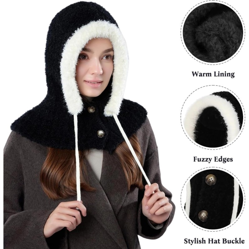 Women's Winter Fleece Lined Balaclava Hooded Beanie Neck Warmer Women's Black Fleece Lined Knitted Balaclava Hooded Beanie Neck Warmer