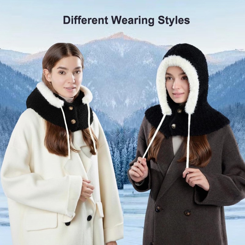 Women's Winter Fleece Lined Balaclava Hooded Beanie Neck Warmer Women's Black Fleece Lined Knitted Balaclava Hooded Beanie Neck Warmer