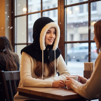 Women's Winter Fleece Lined Balaclava Hooded Beanie Neck Warmer Women's Black Fleece Lined Knitted Balaclava Hooded Beanie Neck Warmer