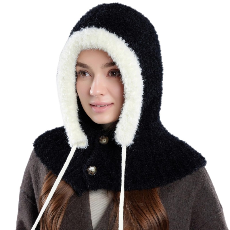 Women's Winter Fleece Lined Balaclava Hooded Beanie Neck Warmer Women's Black Fleece Lined Knitted Balaclava Hooded Beanie Neck Warmer