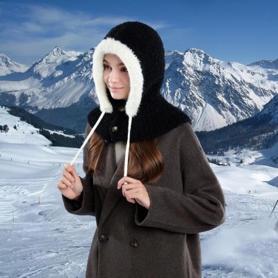 Women's Winter Fleece Lined Balaclava Hooded Beanie Neck Warmer Women's Black Fleece Lined Knitted Balaclava Hooded Beanie Neck Warmer