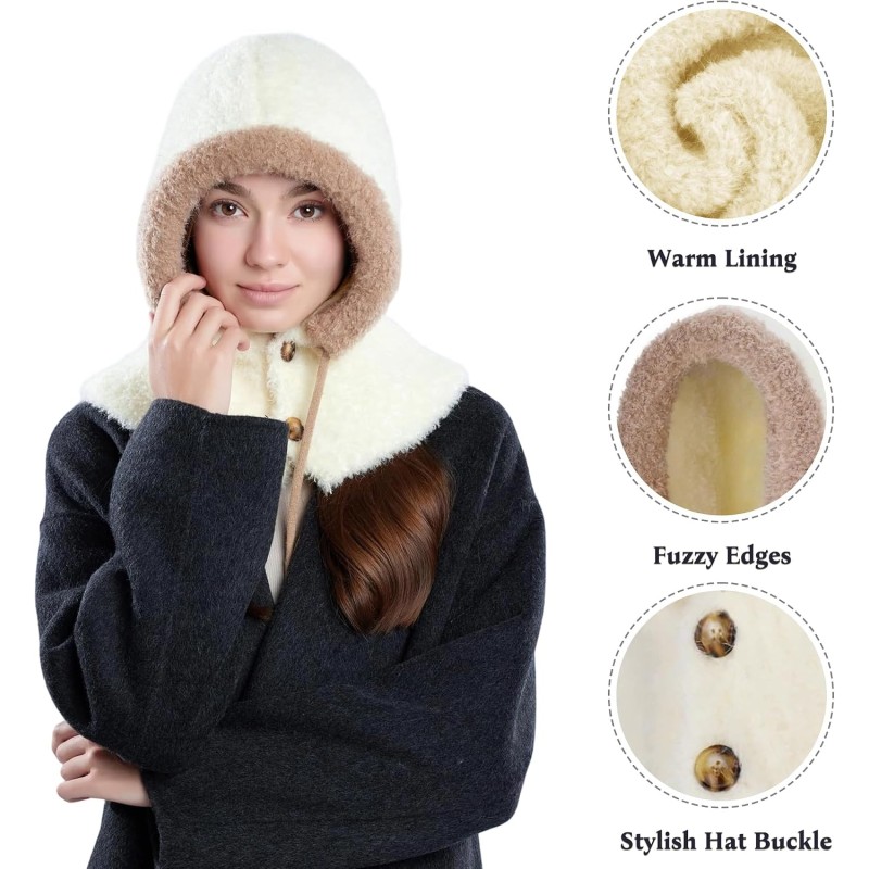 Cream White Fleece Lined Knitted Balaclava Beanie for Women Women's cream white knitted fleece lined balaclava beanie hat