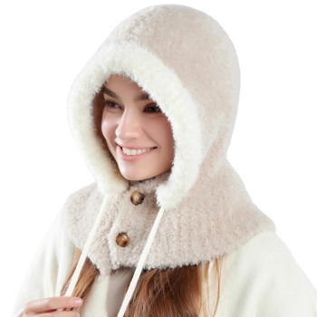 Women’s Winter Knitted Fleece Lined Balaclava, One Piece Hooded Neck Warmer Khaki Cold Weather Hat