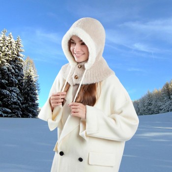 Women’s Winter Knitted Fleece Lined Balaclava, One Piece Hooded Neck Warmer Khaki Cold Weather Hat