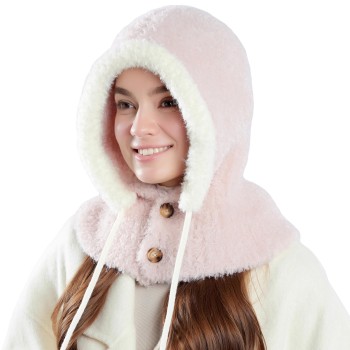 Women’s Winter Knitted Balaclava Fleece Lined Pink One Piece Hooded Beanie Neck Warmer Cold Weather
