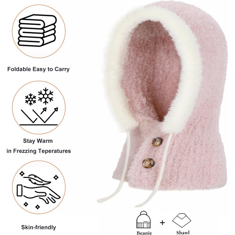 Pink Fleece Lined Knitted Balaclava Hooded Beanie Neck Warmer Pink Fleece Lined Knitted Balaclava Hooded Beanie Neck Warmer