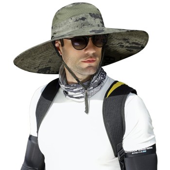 UPF50+ Wide Brim Sun Hat for Men Women, Adjustable Packable Outdoor Bucket Hat, Safari Hiking Fishing, Army Green