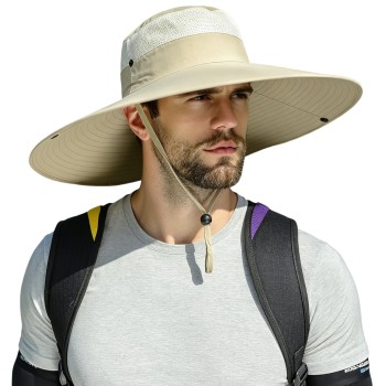 UPF50+ Wide Brim Sun Hat for Men Women Packable Outdoor Fishing Safari Hat Beige