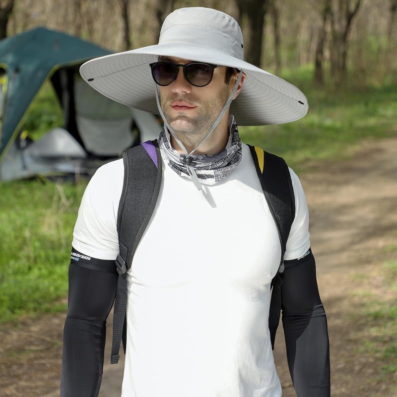 UPF50+ Wide Brim Sun Hat Light Gray for Men Women Outdoor Use