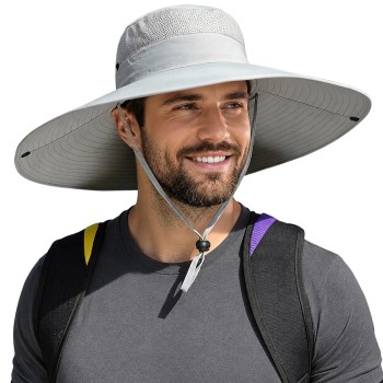 UPF50+ Wide Brim Sun Hat Men Women Ventilated Packable Adjustable Outdoor Fishing Safari Hiking Bucket Hat Light Gray