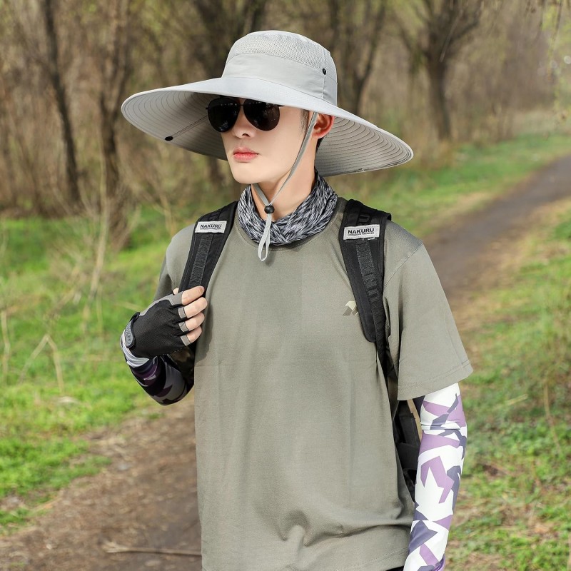 UPF50+ Wide Brim Sun Hat Light Gray for Men Women Outdoor Use