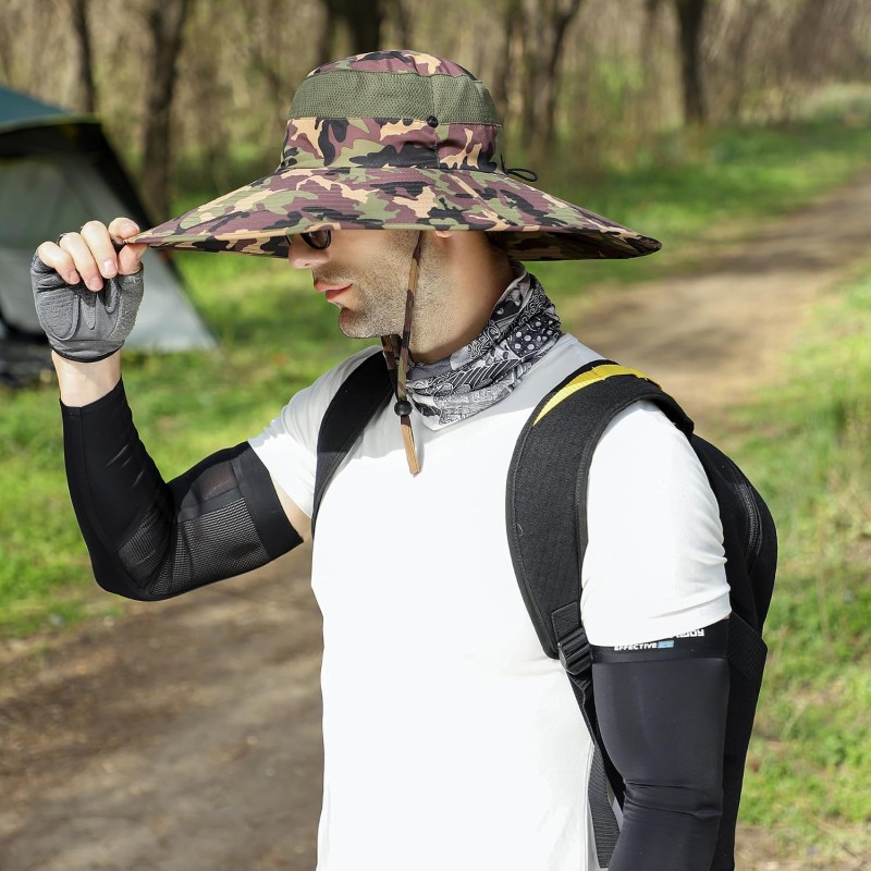 UPF50+ wide brim sun hat army green camo for hiking fishing