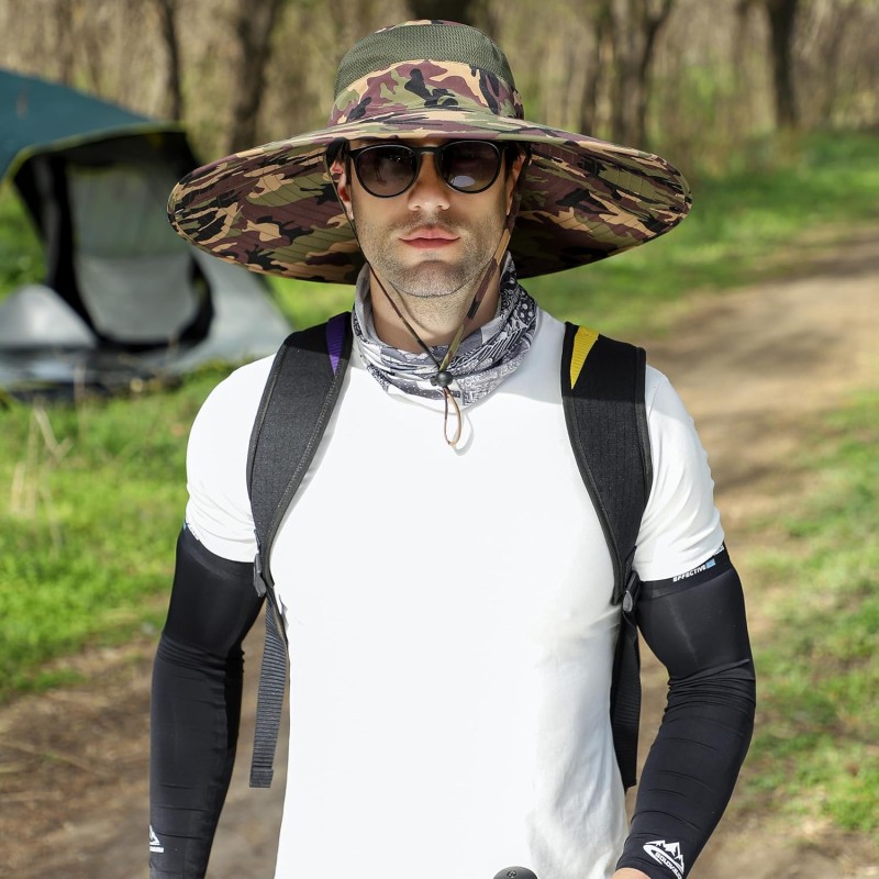 UPF50+ wide brim sun hat army green camo for hiking fishing