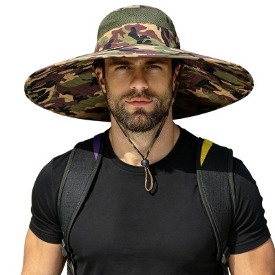 UPF50+ wide brim sun hat army green camo for hiking fishing