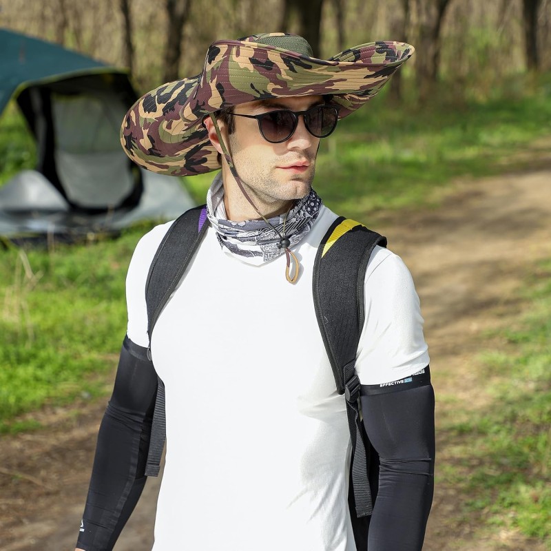 UPF50+ wide brim sun hat army green camo for hiking fishing