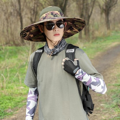 UPF50+ wide brim sun hat army green camo for hiking fishing