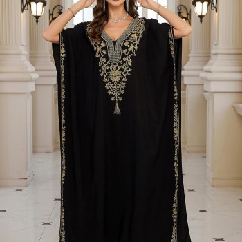 Women’s Plus Size Bohemian Caftan Maxi Black Gold Thread V-Neck Swimsuit Cover Up Loungewear