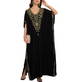 Women’s Plus Size Bohemian Caftan Maxi Black Gold Thread V-Neck Swimsuit Cover Up Loungewear