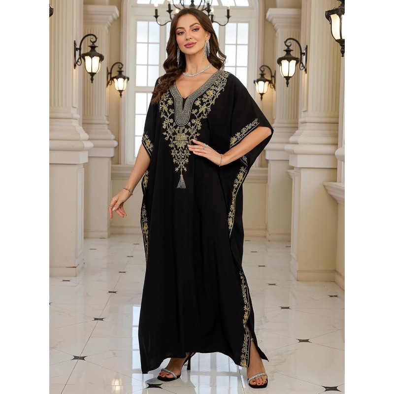 Women’s Plus Size Bohemian Caftan Maxi Swimsuit Cover Up Loungewear Women’s Plus Size Black Bohemian Caftan Maxi Swimsuit Cover Up with Gold Thread