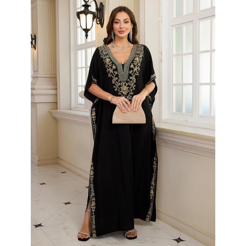 Women’s Plus Size Bohemian Caftan Maxi Swimsuit Cover Up Loungewear Women’s Plus Size Black Bohemian Caftan Maxi Swimsuit Cover Up with Gold Thread