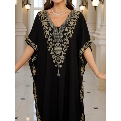 Women’s Plus Size Bohemian Caftan Maxi Swimsuit Cover Up Loungewear Women’s Plus Size Black Bohemian Caftan Maxi Swimsuit Cover Up with Gold Thread