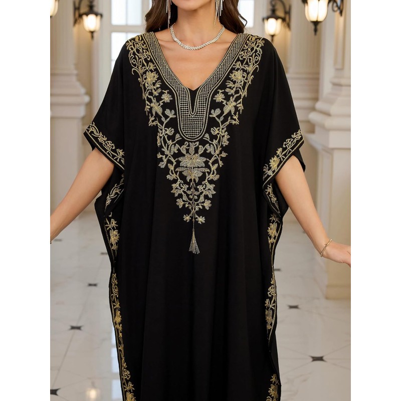 Women’s Plus Size Bohemian Caftan Maxi Swimsuit Cover Up Loungewear Women’s Plus Size Black Bohemian Caftan Maxi Swimsuit Cover Up with Gold Thread