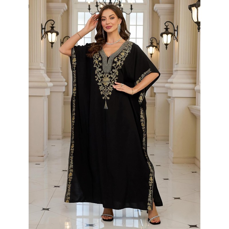 Women’s Plus Size Bohemian Caftan Maxi Swimsuit Cover Up Loungewear Women’s Plus Size Black Bohemian Caftan Maxi Swimsuit Cover Up with Gold Thread