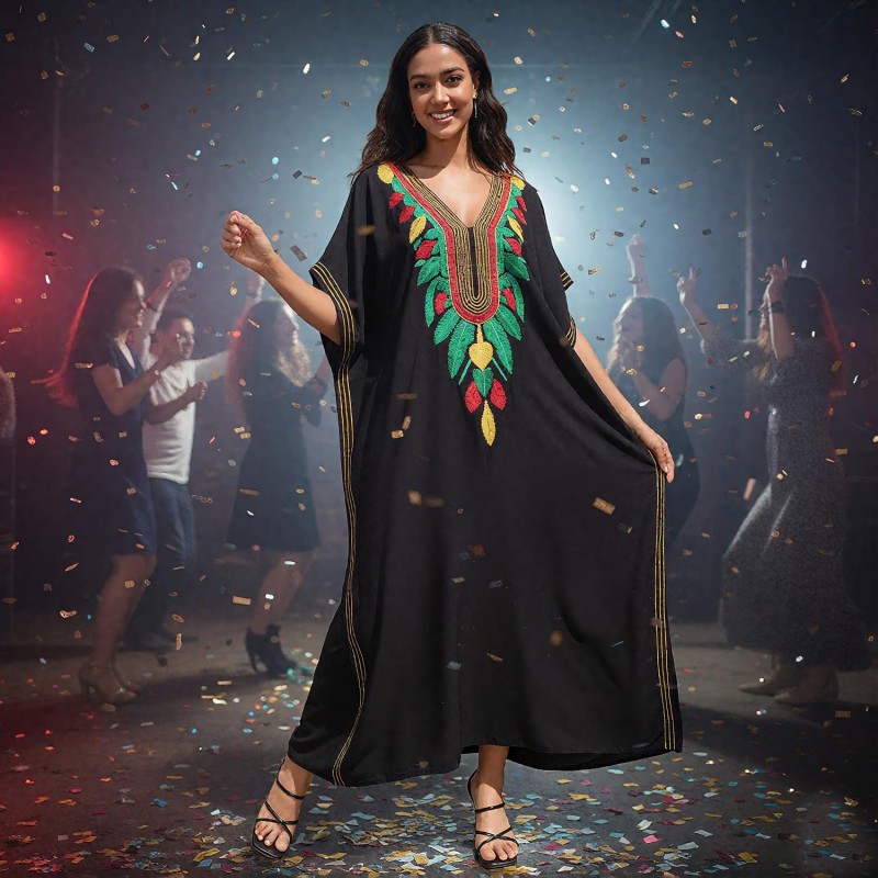 Women’s Plus Size Black Bohemian Maxi Caftan Dress with Colorful Embroidery - Swimsuit Cover Up