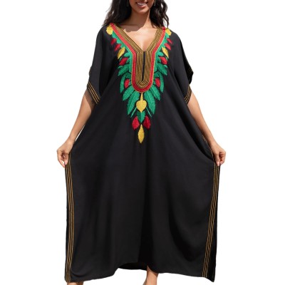 Women’s Plus Size Black Bohemian Maxi Caftan Dress with Colorful Embroidery - Swimsuit Cover Up