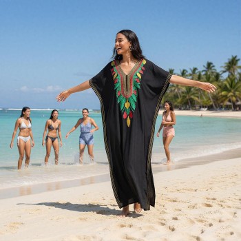 Women’s Plus Size Bohemian Maxi Caftan Dress Black Colorful Embroidery Swimsuit Cover Up Beach Loungewear Women’s Plus Size Bohemian Maxi Caftan Dress Black Colorful Embroidery Swimsuit Cover Up Beach Loungewear
