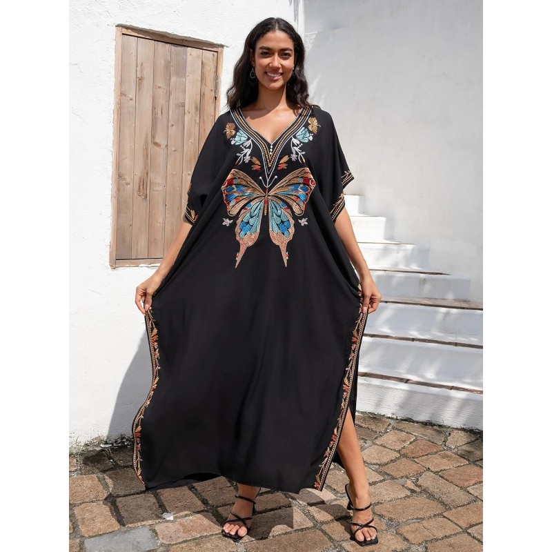 Black Bohemian Butterfly Caftan Maxi Dress Beach Cover Up Women's Black Bohemian Butterfly Embroidery Caftan Maxi Dress Beach Swimsuit Cover Up