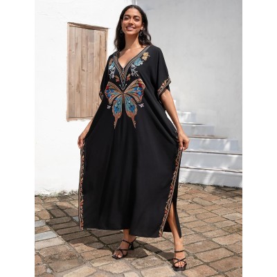 Black Bohemian Butterfly Caftan Maxi Dress Beach Cover Up Women's Black Bohemian Butterfly Embroidery Caftan Maxi Dress Beach Swimsuit Cover Up