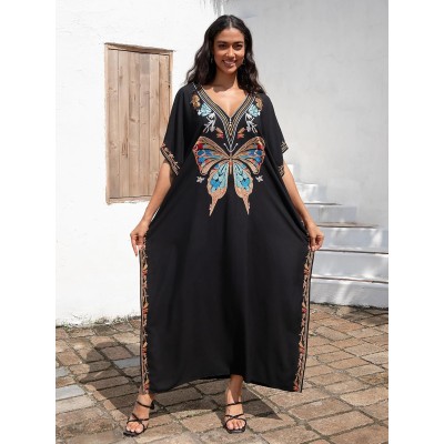 Black Bohemian Butterfly Caftan Maxi Dress Beach Cover Up Women's Black Bohemian Butterfly Embroidery Caftan Maxi Dress Beach Swimsuit Cover Up