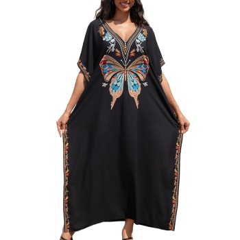 Women’s Black Bohemian Butterfly Embroidery Caftan Maxi Dress Beach Swimsuit Cover Up