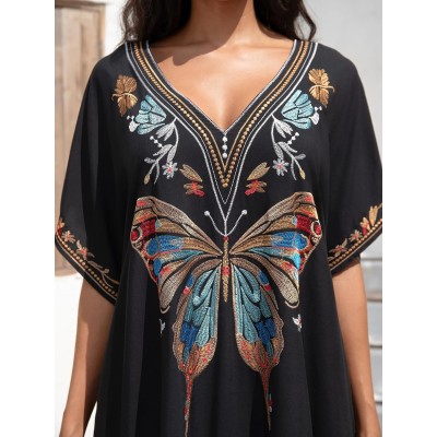 Black Bohemian Butterfly Caftan Maxi Dress Beach Cover Up Women's Black Bohemian Butterfly Embroidery Caftan Maxi Dress Beach Swimsuit Cover Up