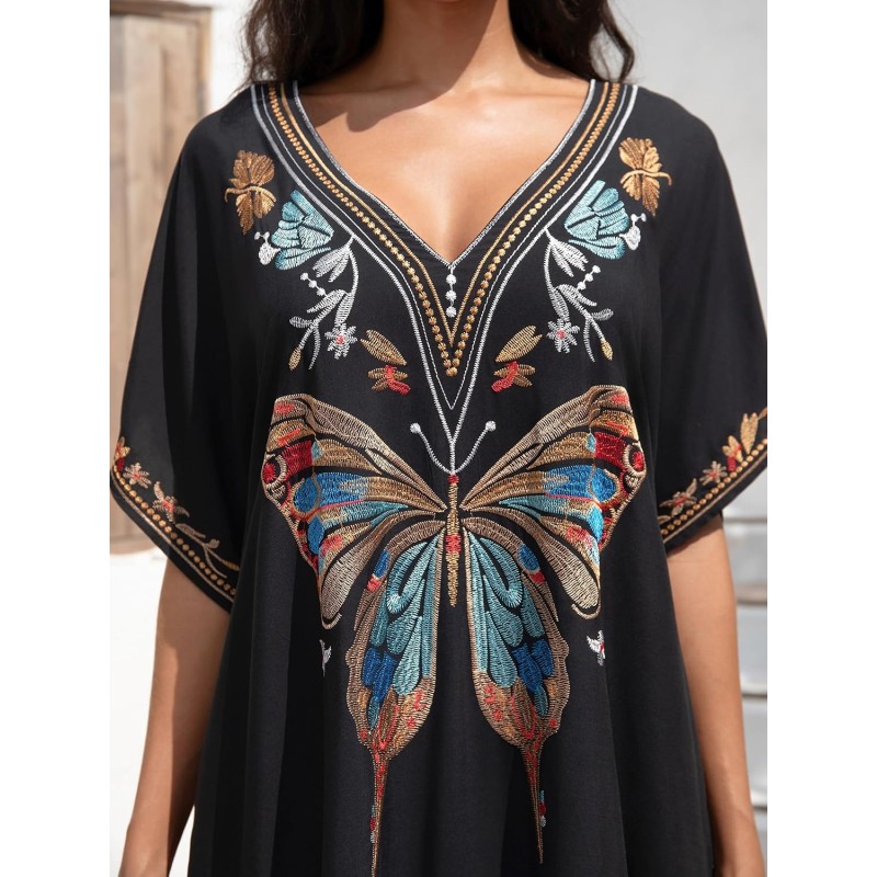 Black Bohemian Butterfly Caftan Maxi Dress Beach Cover Up Women's Black Bohemian Butterfly Embroidery Caftan Maxi Dress Beach Swimsuit Cover Up