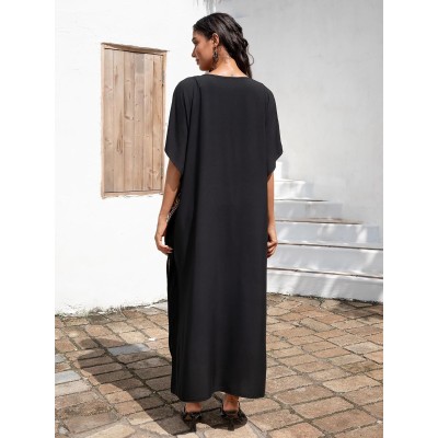 Black Bohemian Butterfly Caftan Maxi Dress Beach Cover Up Women's Black Bohemian Butterfly Embroidery Caftan Maxi Dress Beach Swimsuit Cover Up