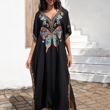 Women’s Black Bohemian Butterfly Embroidery Caftan Maxi Dress Beach Swimsuit Cover Up Women’s Black Bohemian Butterfly Embroidery Caftan Maxi Dress Beach Swimsuit Cover Up
