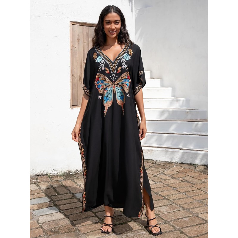 Black Bohemian Butterfly Caftan Maxi Dress Beach Cover Up Women's Black Bohemian Butterfly Embroidery Caftan Maxi Dress Beach Swimsuit Cover Up