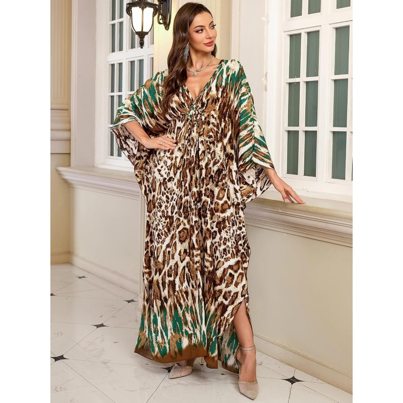 Women's Plus Size Brown Leopard Bohemian Caftan Maxi Dress Cover Up Women's Plus Size Brown Leopard Green Trim Bohemian Caftan Beach Cover Up