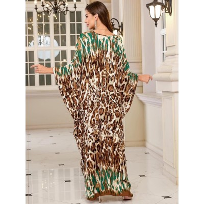 Women's Plus Size Brown Leopard Bohemian Caftan Maxi Dress Cover Up Women's Plus Size Brown Leopard Green Trim Bohemian Caftan Beach Cover Up
