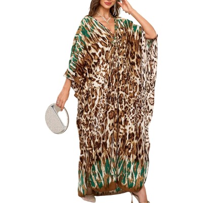 Women's Plus Size Brown Leopard Bohemian Caftan Maxi Dress Cover Up Women's Plus Size Brown Leopard Green Trim Bohemian Caftan Beach Cover Up